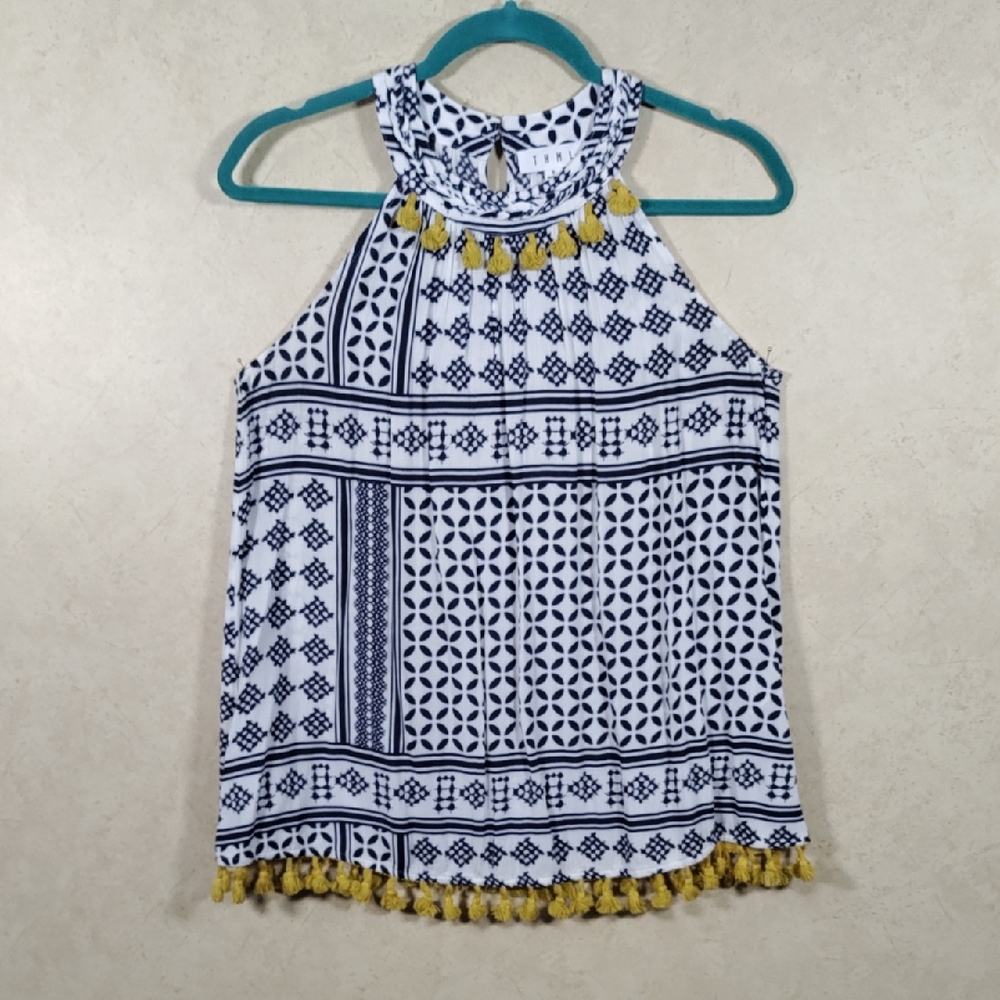 2/$10 04164 THML navy & white sleeveless blouse w/chartreuse pom poms S